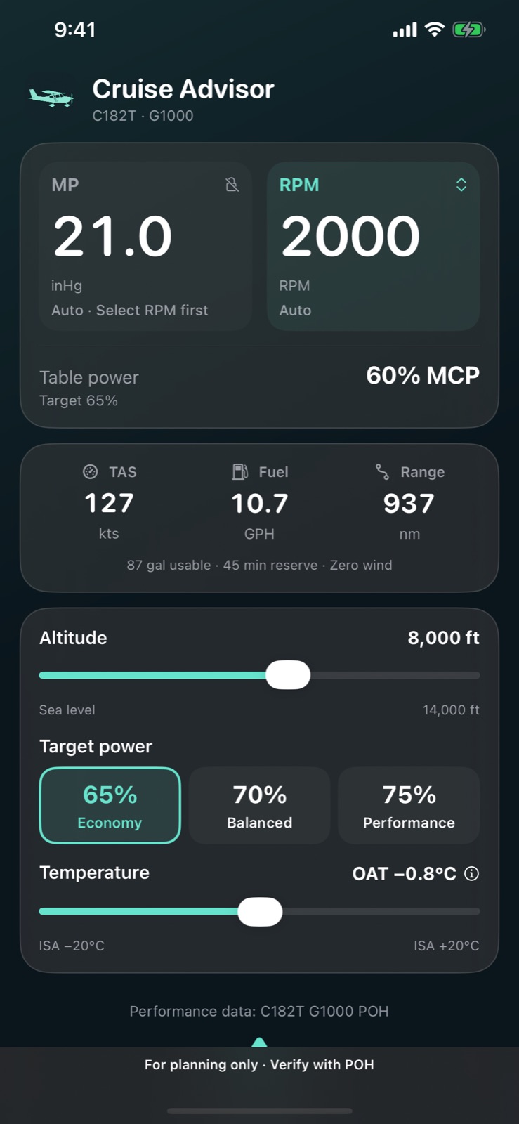 C182 Cruise Advisor showing manifold pressure, RPM, true airspeed, fuel flow and range for the chosen altitude and power setting