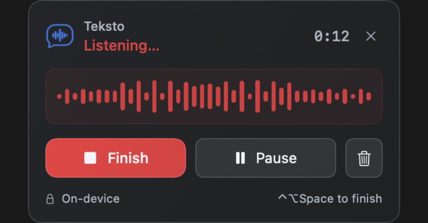 Teksto recording a phrase, with the live waveform and the finish, pause and discard controls