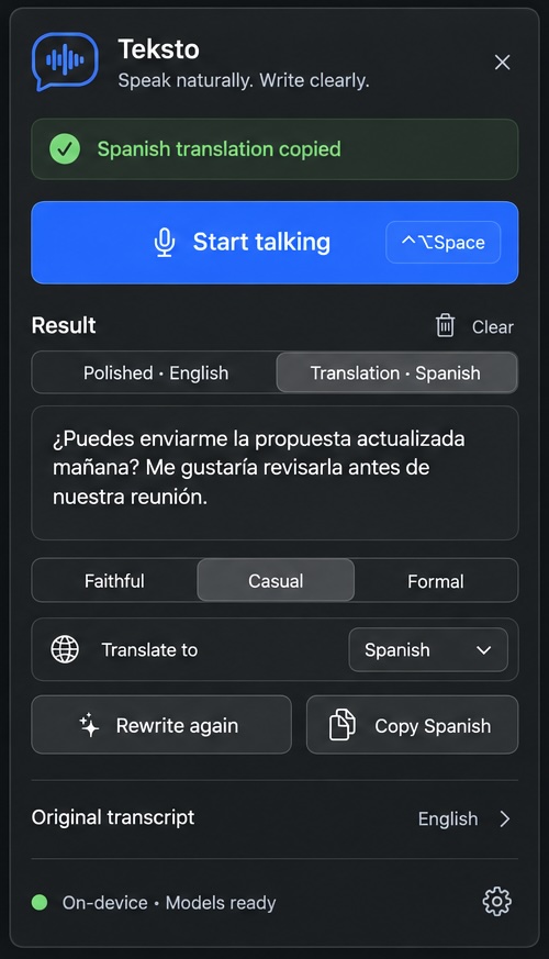 Teksto showing a Spanish translation of the polished English text, with the tone and language controls